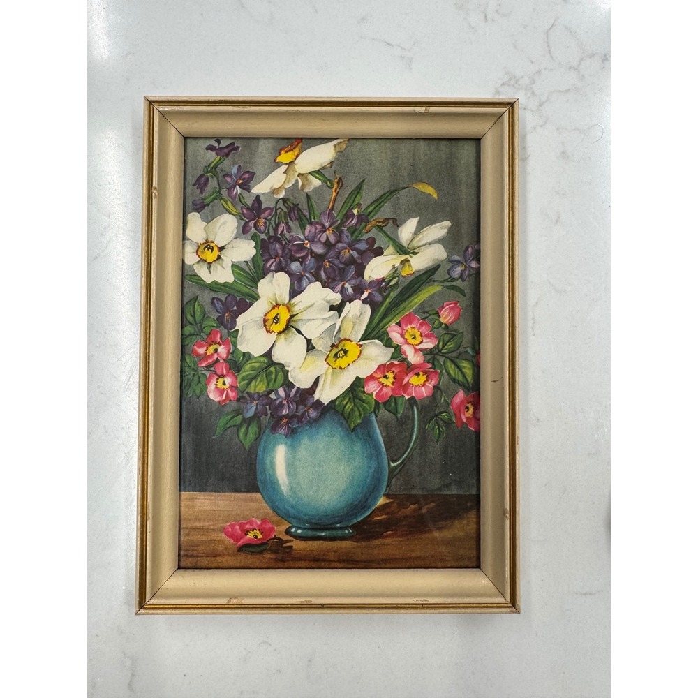 Original Vintage Framed Floral Print Pair Mid Century Cottagecore Wall Art - Picture 4 of 11